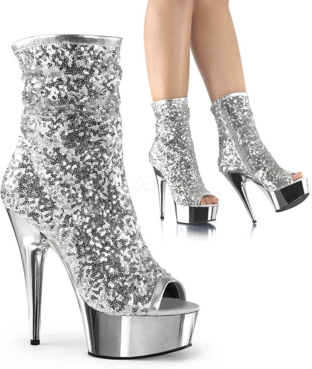 EU 36 = US 6 | DELIGHT-1008SQ | 6 Heel, 1 3/4 PF Peep Toe Sequins Ankle Boot, Side Zip